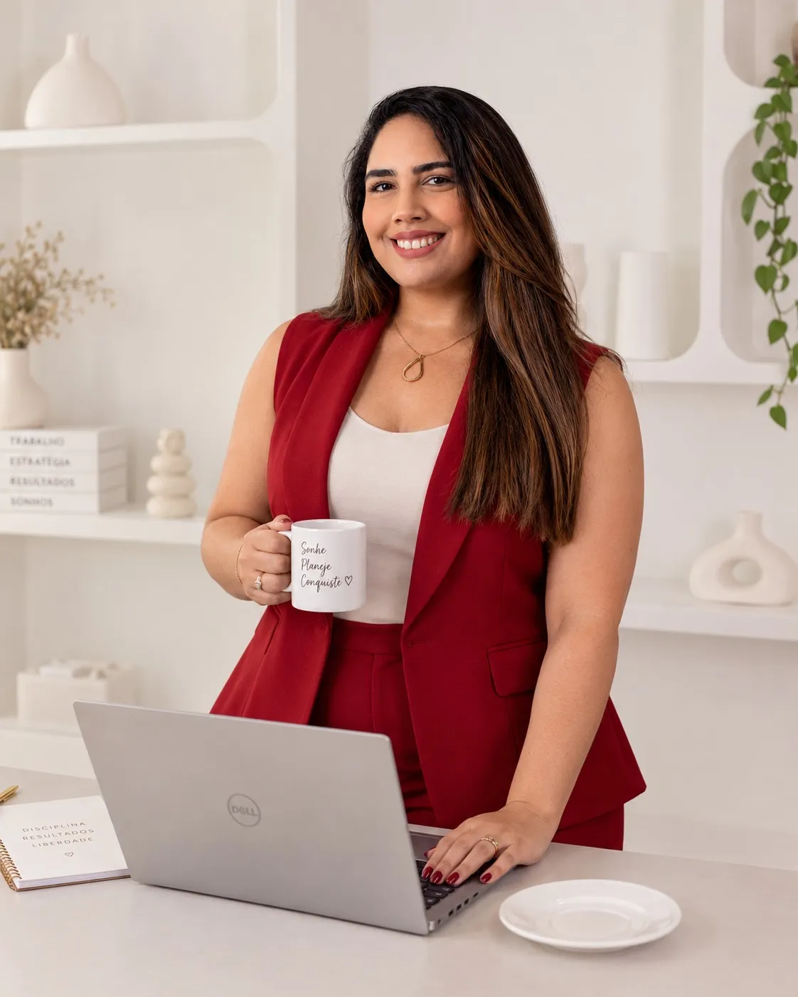 Gabriela Denise sorrindo, com uma caneca na mão, em frente ao notebook