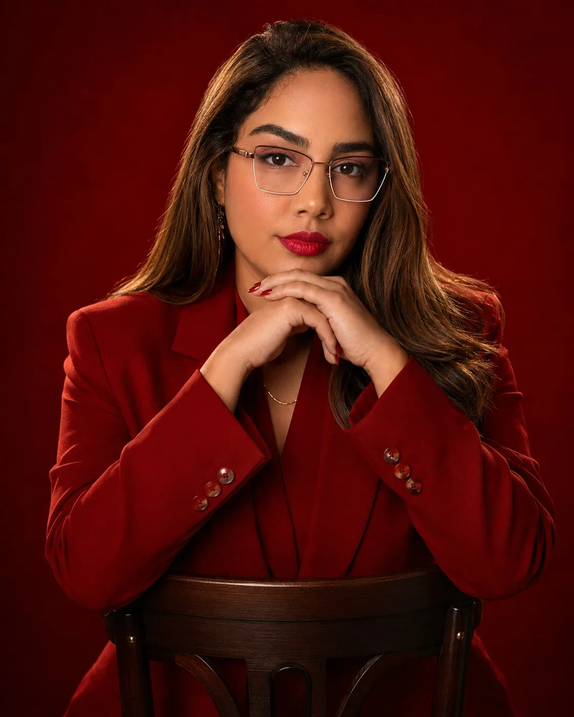 Gabriela Denise, psicóloga clínica, usando blazer vermelho